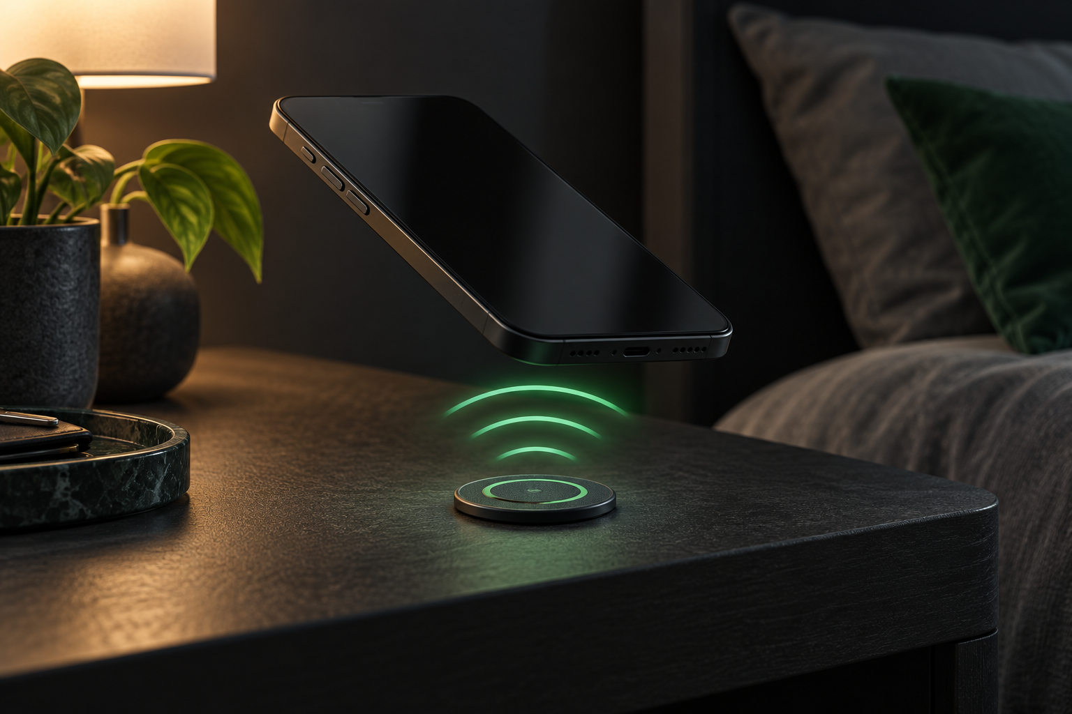 Uno smartphone sopra un tag NFC su un comodino, con onde verdi che rappresentano l’attivazione.