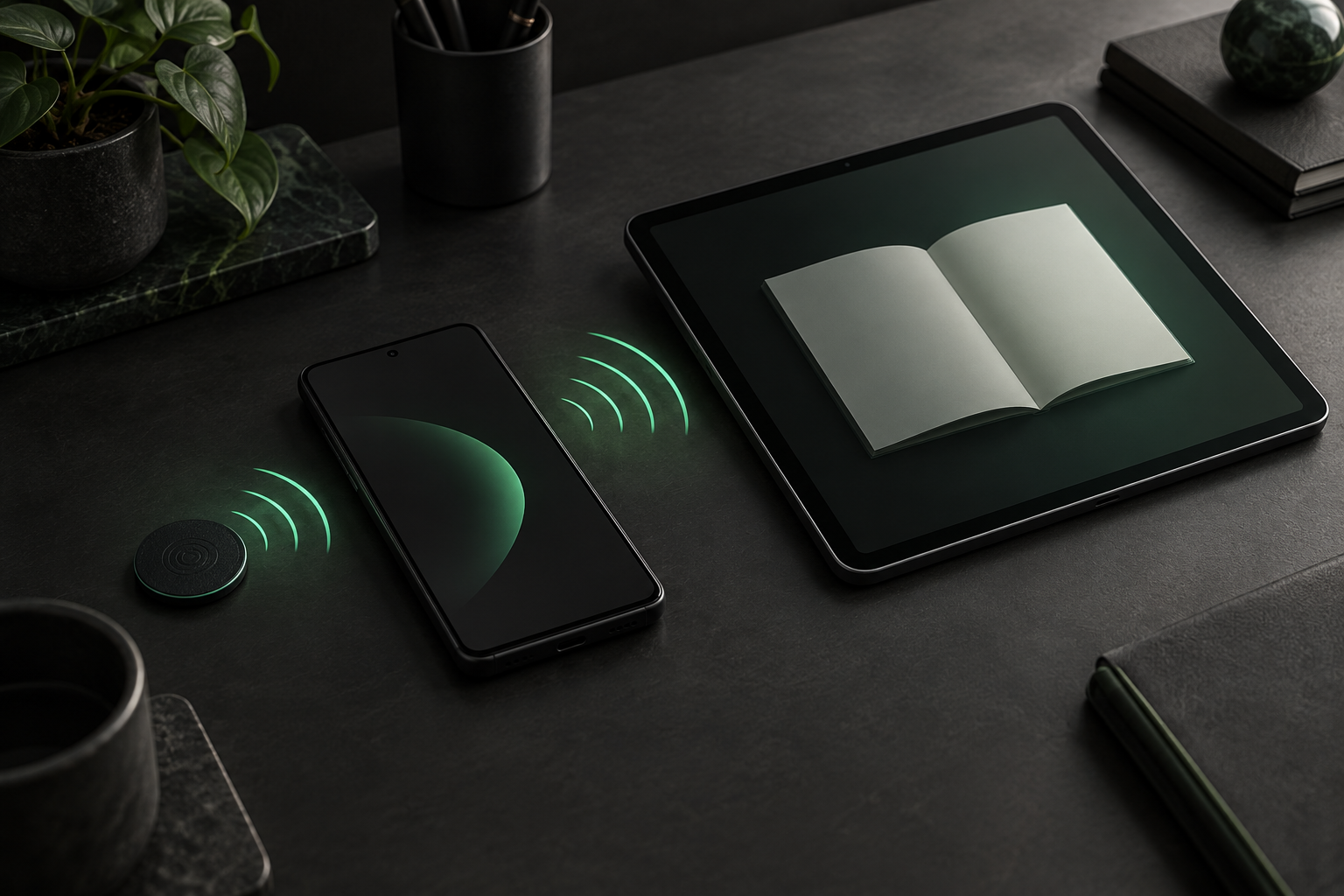Tag NFC, smartphone e tablet collegati da segnali verdi in una rappresentazione simbolica.